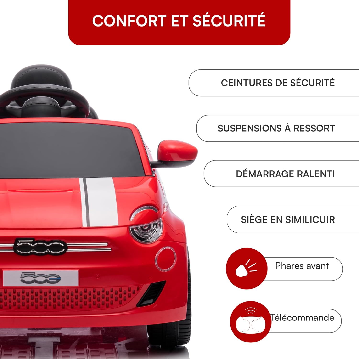Detalle de Baroni Toys Fiat 500 Voiture Électrique 12V pour Enfant (Rouge) — Télécommande Parentale, Sons et Lumières