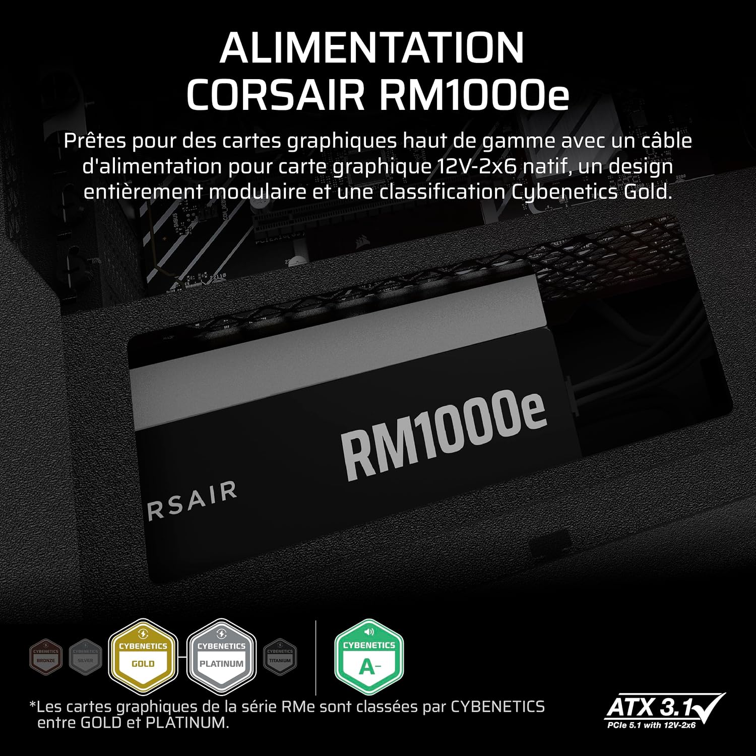 Detalle 2 de Corsair RM1000e (2025) — Alimentation ATX 1000W entièrement modulaire silencieuse, compatible ATX 3.1 et PCIe 5.1