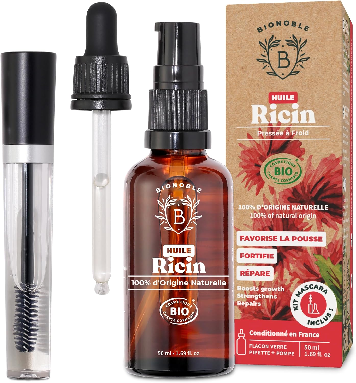 Detalle de BIONOBLE Huile de Ricin Bio Pressée à Froid + Kit Mascara – 50 ml
