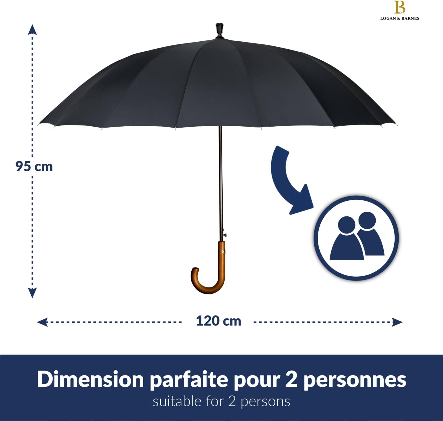 Detalle 2 de LOGAN & BARNES Parapluie résistant à la tempête Ø120cm – Grand parapluie XXL EDINBURGH, 16 baleines