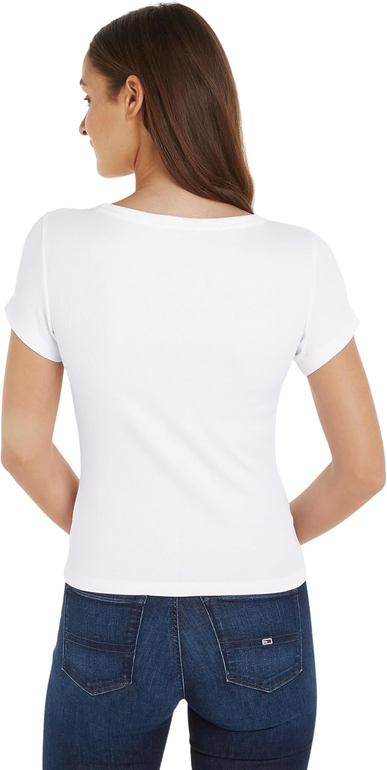 Detalle de Tommy Jeans T-Shirt Manches Courtes Femme Slim Col en V – coton régénératif et coupe ajustée