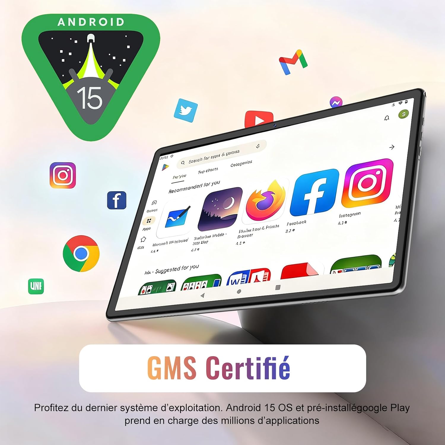 Detalle de Tablette Android 10 pouces Gemini AI avec clavier – 64 Go ROM, 2 To TF, Argentine argenté