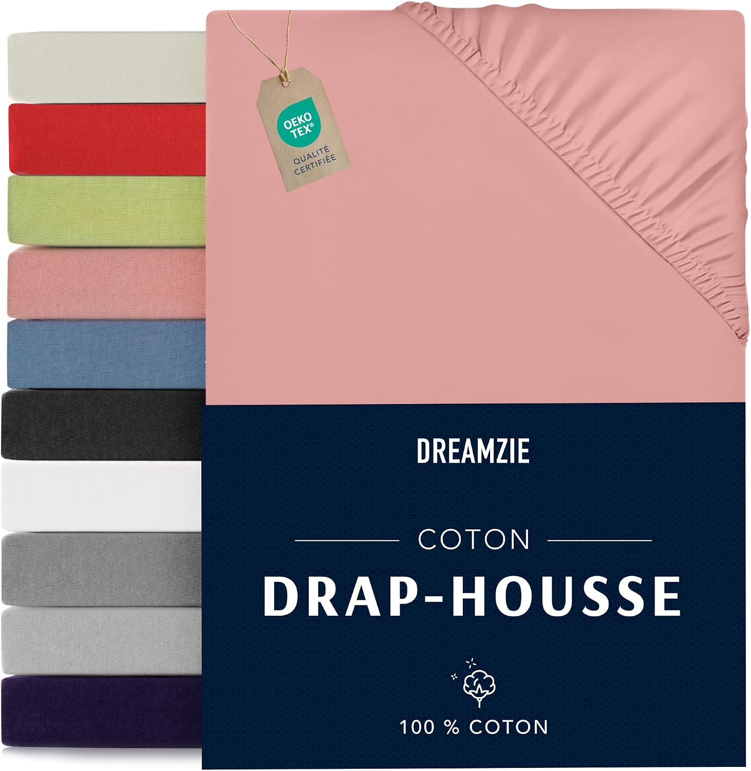 Detalle de Dreamzie Drap Housse 90x190/200 – Jersey coton 100% certifié Oeko-Tex – Rose
