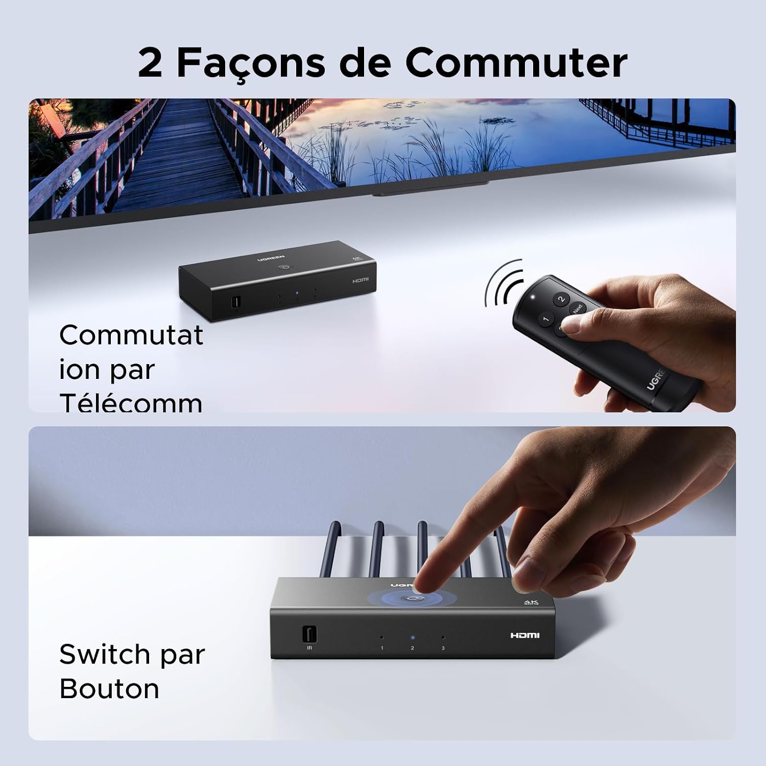 Detalle de UGREEN Switch HDMI 4K 60 Hz à 3 entrées / 1 sortie avec télécommande