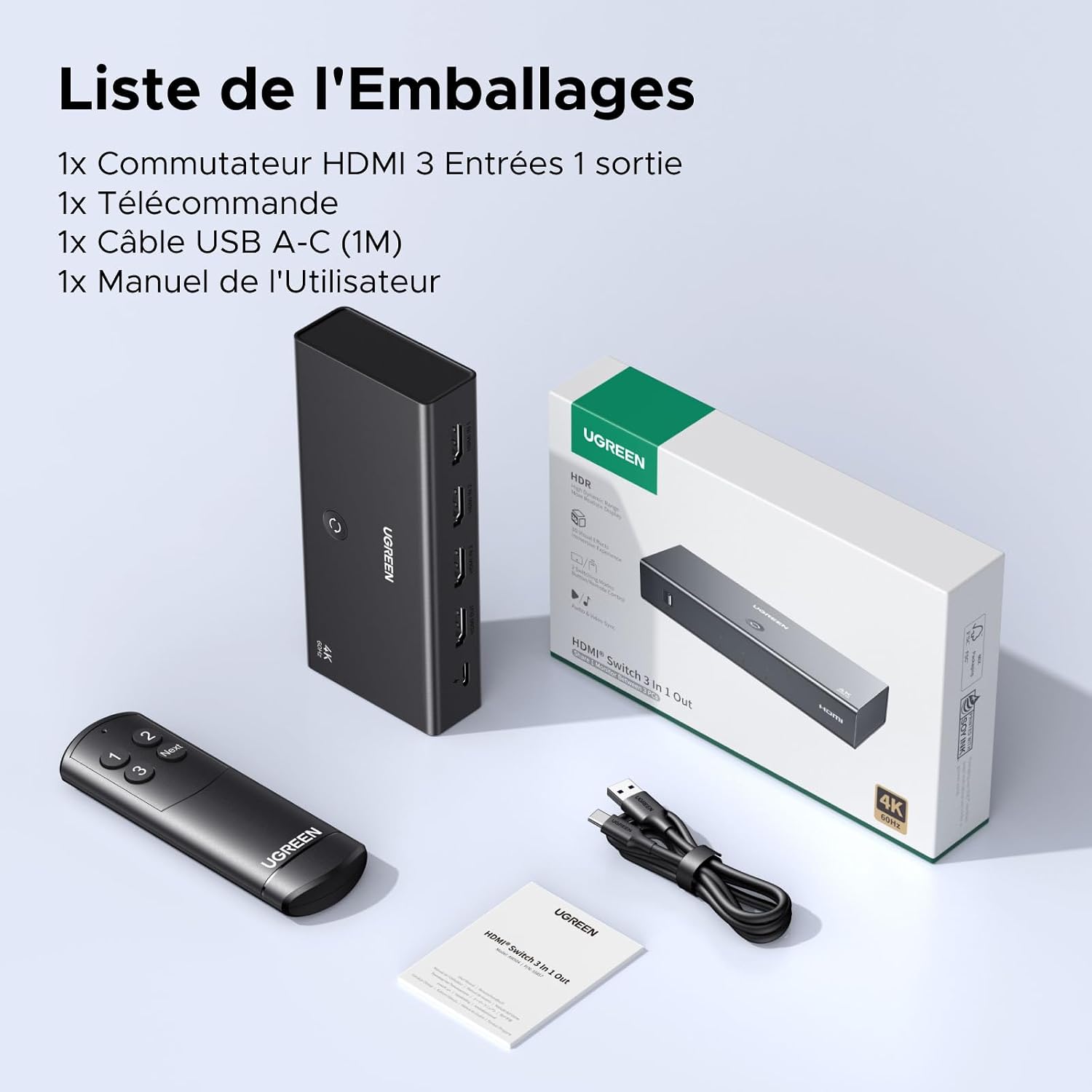 Detalle de UGREEN Switch HDMI 4K 60 Hz à 3 entrées / 1 sortie avec télécommande