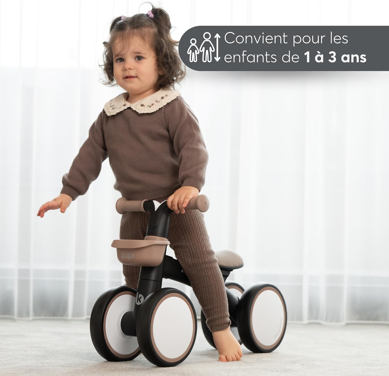 Detalle 2 de KikkaBoo ZIPI, vélo d’équilibre sans pédales pour bébé 1–3 ans avec panier — stabilité et douceur
