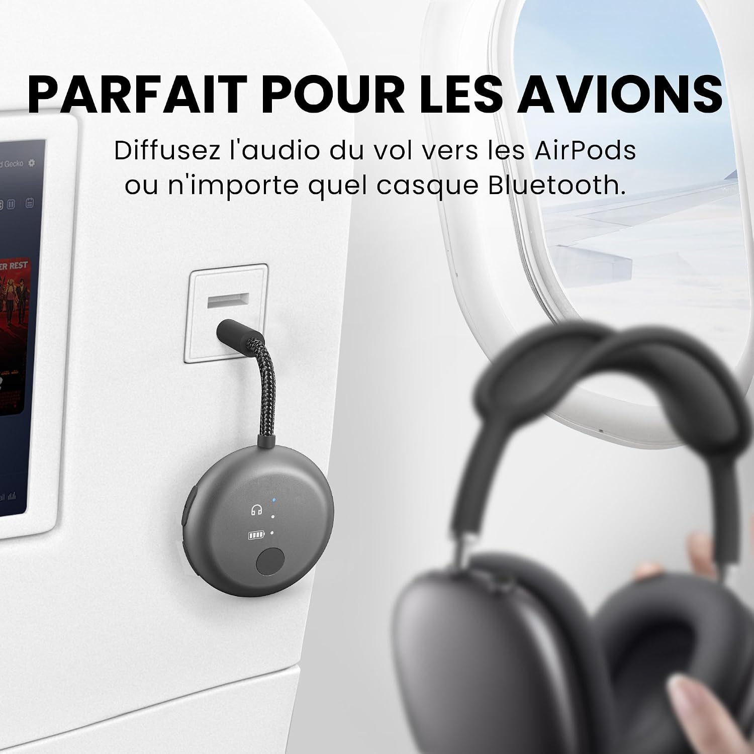 Detalle de Avantree SoundJet R1 – Transmetteur Bluetooth pour avion avec AirPods et écouteurs, aptX Adaptive, 25 h, USB-C – Noir métallisé