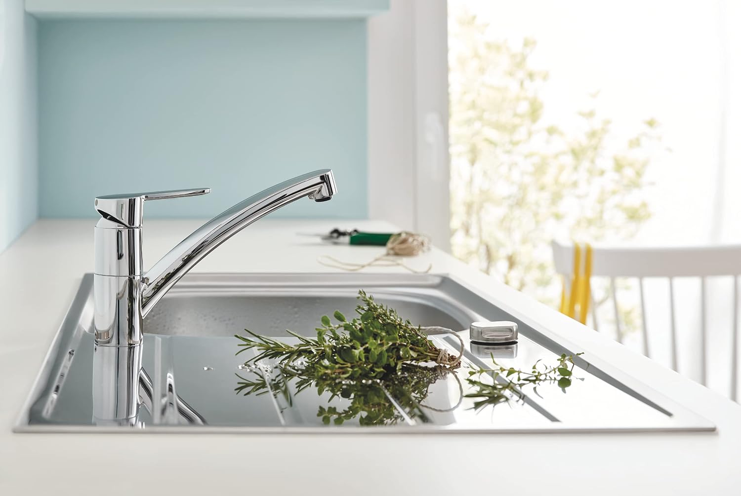 Detalle de GROHE StartEco Mitigeur Monocommande Évier Chromé – Rotation 140°, Mousseur avec Fente sans outil