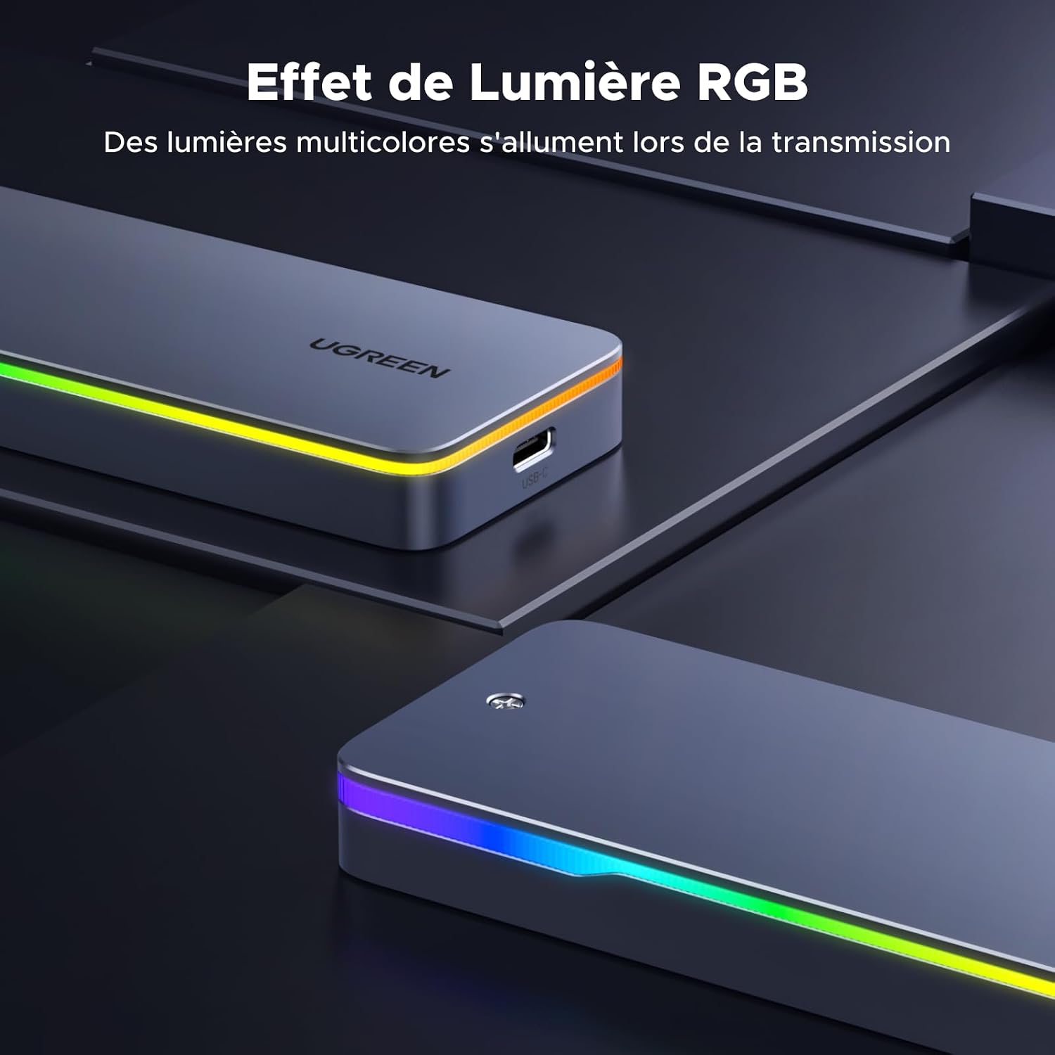 Detalle de UGREEN Boîtier RGB M.2 NVMe/SATA USB-C 3.2 Gen 2 (20 Gbps) pour SSD M.2