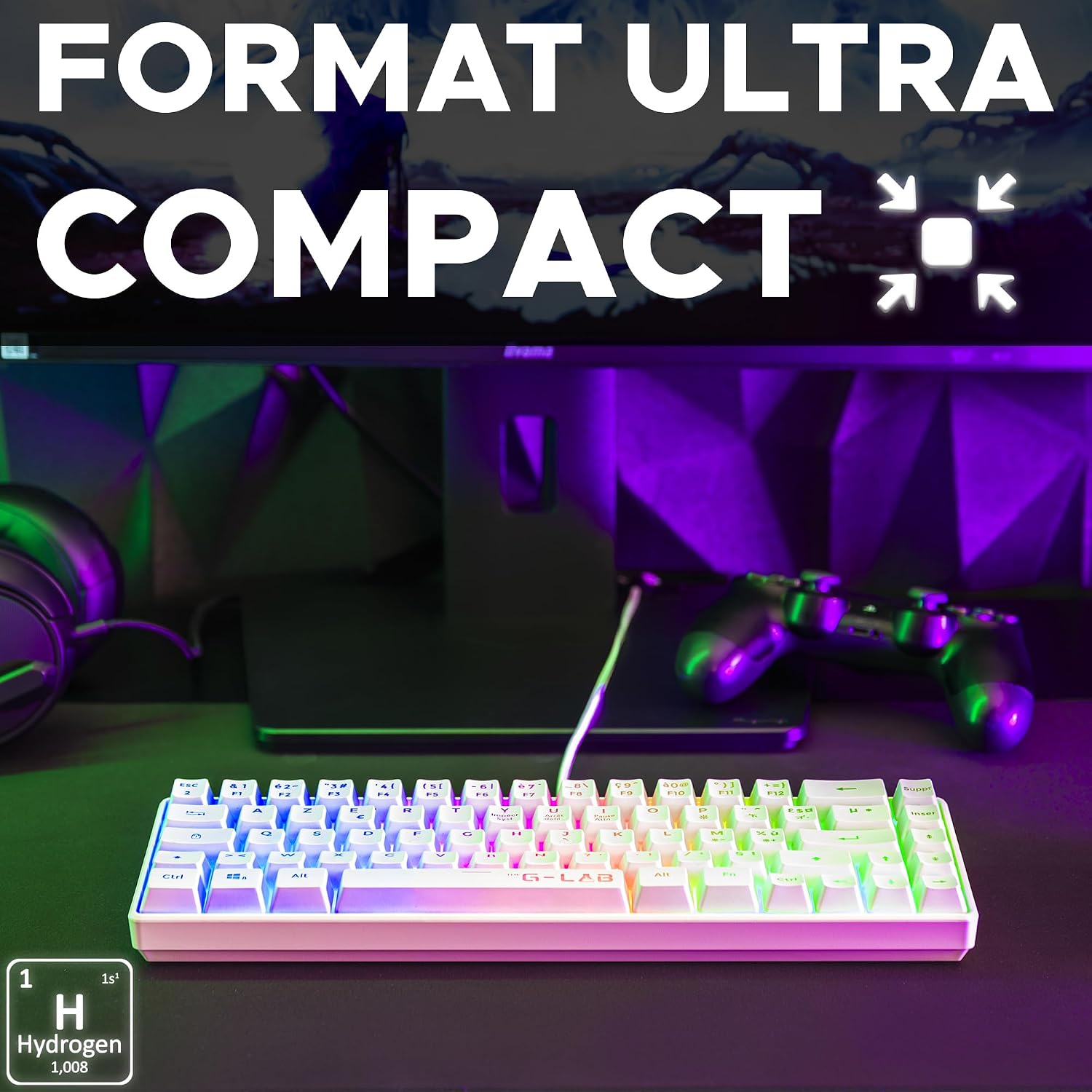Detalle 2 de The G-Lab Keyz Hydrogen: Clavier Gamer 60% semimec à LED multicolore pour PC/PS5