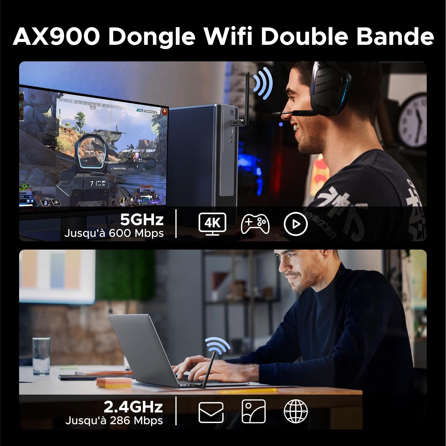 Detalle de UGREEN Clé WiFi 6 AX900 Bluetooth 5.4 (adaptateur USB dual band 2,4/5 GHz avec antenne 6 dBi) pour Windows 11/10