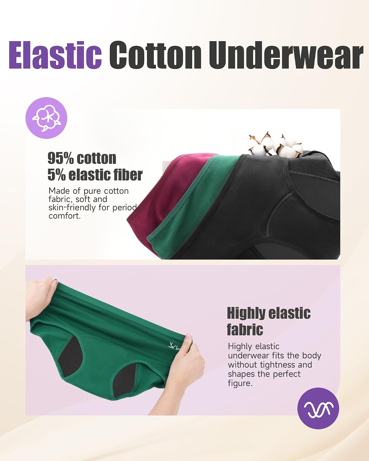 Detalle de Culotte menstruelle TANSTC en coton (lot de 3) – protection anti-fuite lavable
