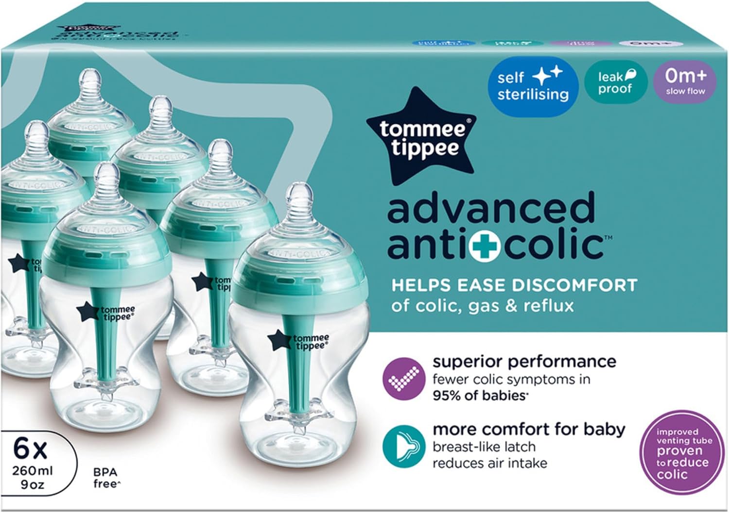 Detalle de Tommee Tippee Biberons Anti-Colique 260 ml (lot de 6) avec tétine à forme de sein