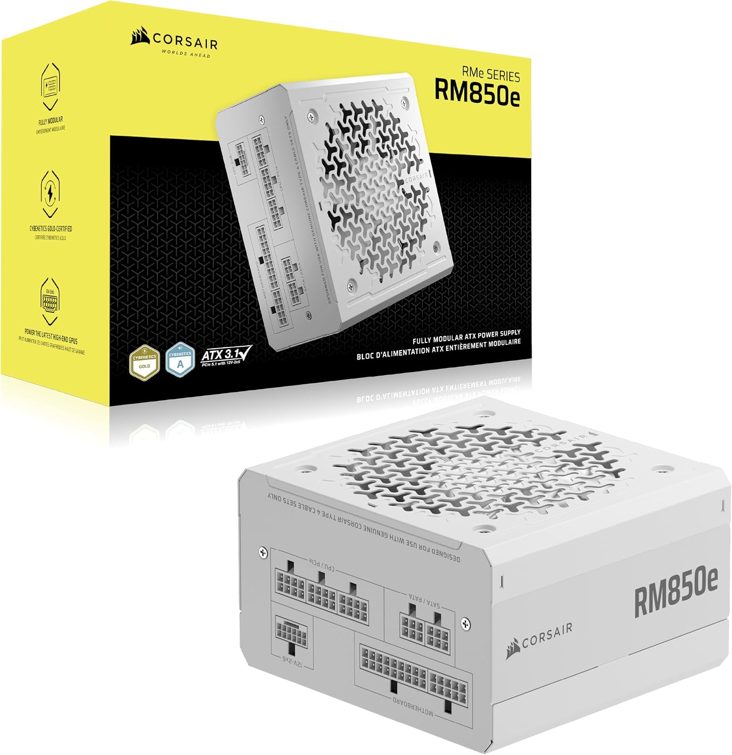 Thumbnail 6 de Corsair RM850e (2025) : alimentation ATX 850 W entièrement modulaire, silencieuse et certifiée ATX 3.1/PCIe 5.1 (blanc)