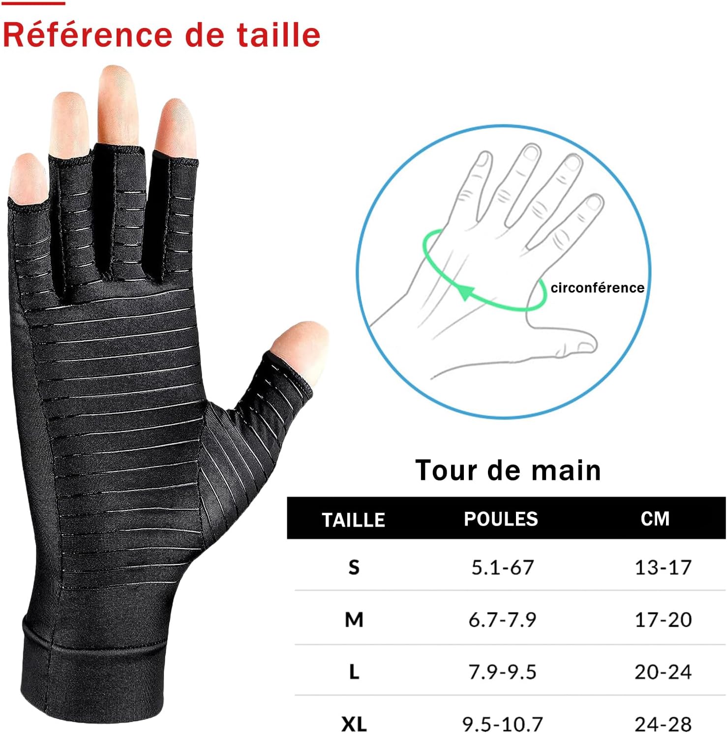 Detalle de Donfri – 2 paires de gants de compression pour arthrite en cuivre, taille L