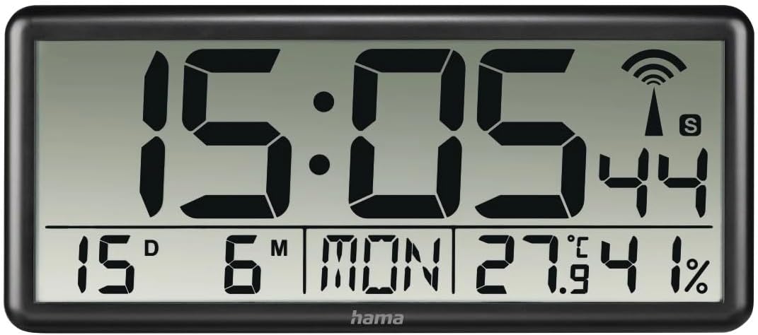 Detalle de Hama Horloge murale numérique Jumbo radio-pilotée DCF noir (XL heure-date-température, affichage à poser ou suspendre)