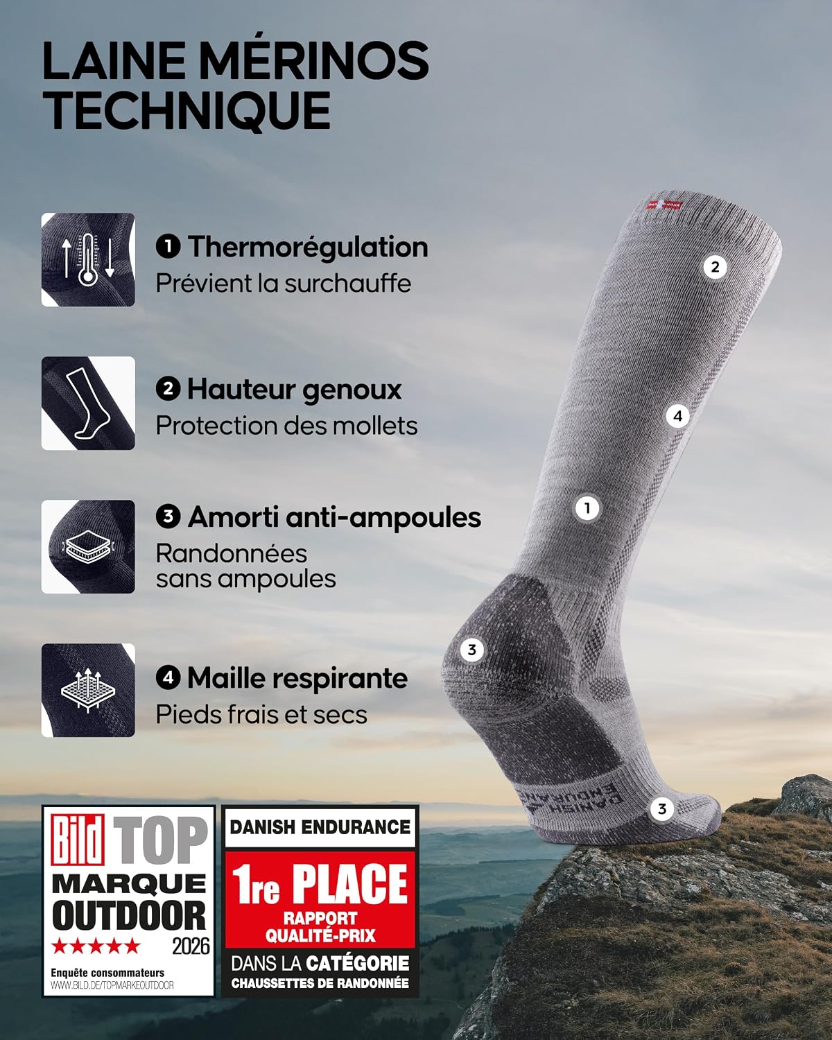 Detalle de DANISH ENDURANCE Chaussettes de Randonnée en Laine Mérinos montantes – confort thermique et rembourrage épais