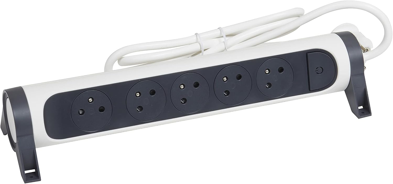 Detalle de Legrand multiprise rotative avec interrupteur et voyant LED – 5 prises surface avec terre, câble 1,5 m, blanc et gris foncé