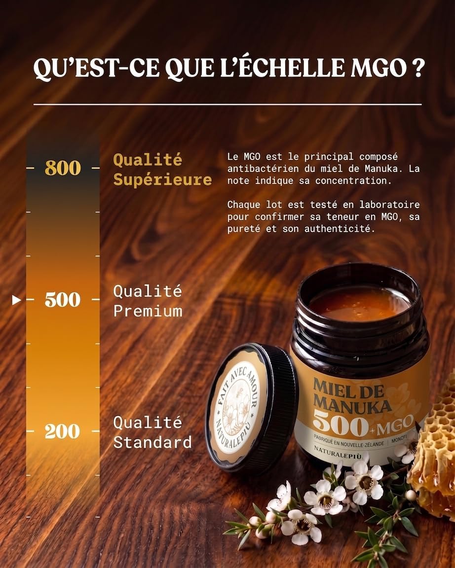 Detalle de NaturalePiù Miel de Manuka 500+ MGO (250 g) brut et bio de Nouvelle-Zélande