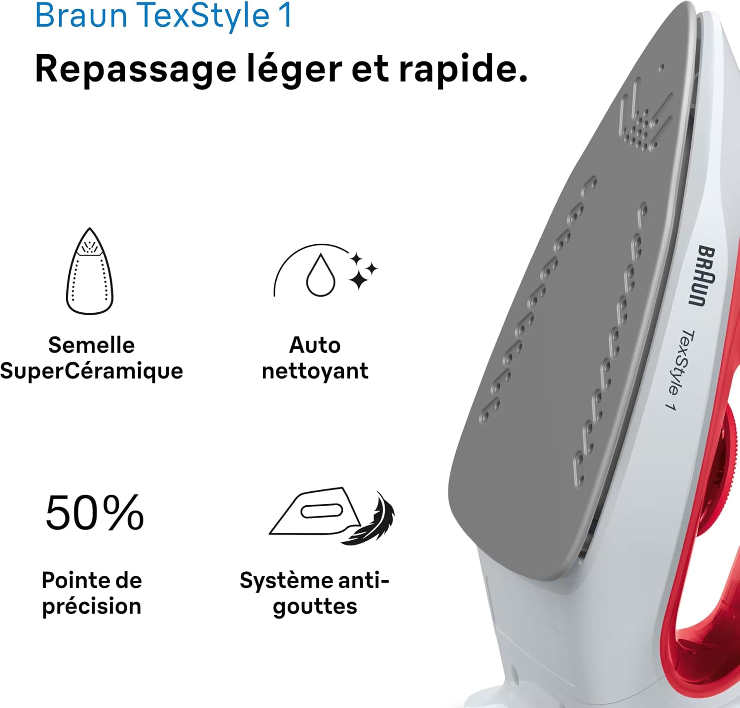 Detalle de Braun TexStyle 1 – Fer à Repasser Vapeur Puissant et Léger (1900 W) avec Semelle Antiadhésive