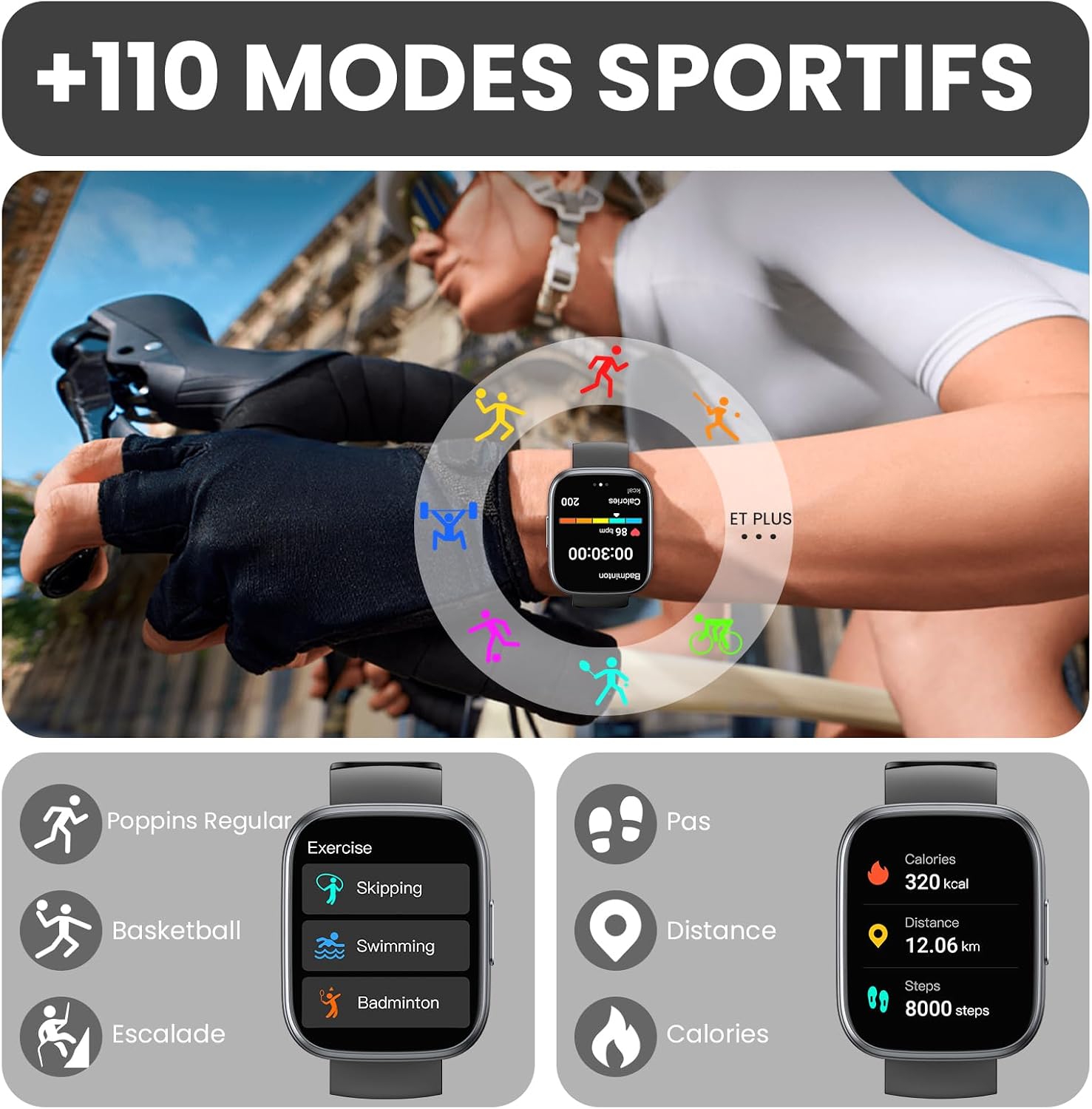 Detalle de CILLSO Montre connectée Homme/Femme 1,95” HD avec appels Bluetooth, cardio, sommeil et 112 modes sport (IP68)