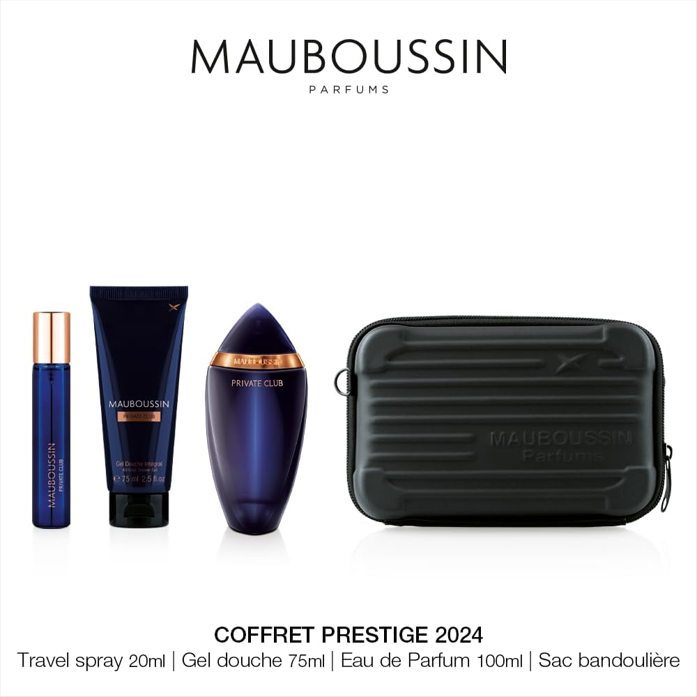 Detalle 2 de Coffret Prestige Private Club Mauboussin : Eau de Parfum 100 ml, gel douche 75 ml, travel spray 20 ml & sac bandoulière