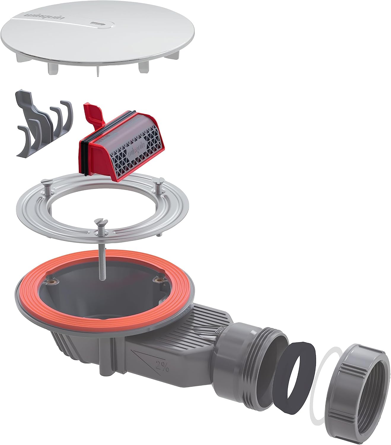 Detalle de Wirquin 30723382 Membrane Slim+ avec filtre à cheveux amovible pour évacuation bonde de douche – rouge et gris