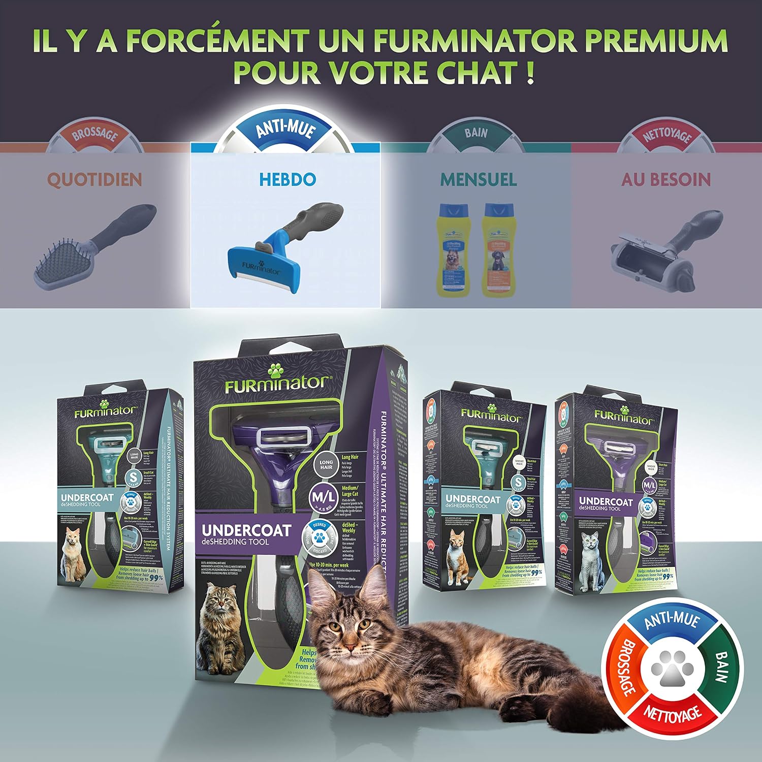 Detalle 2 de FURminator Outil de toilettage pour chat grande taille à poils longs – poignée ergonomique, élimination du poil en 1 clic
