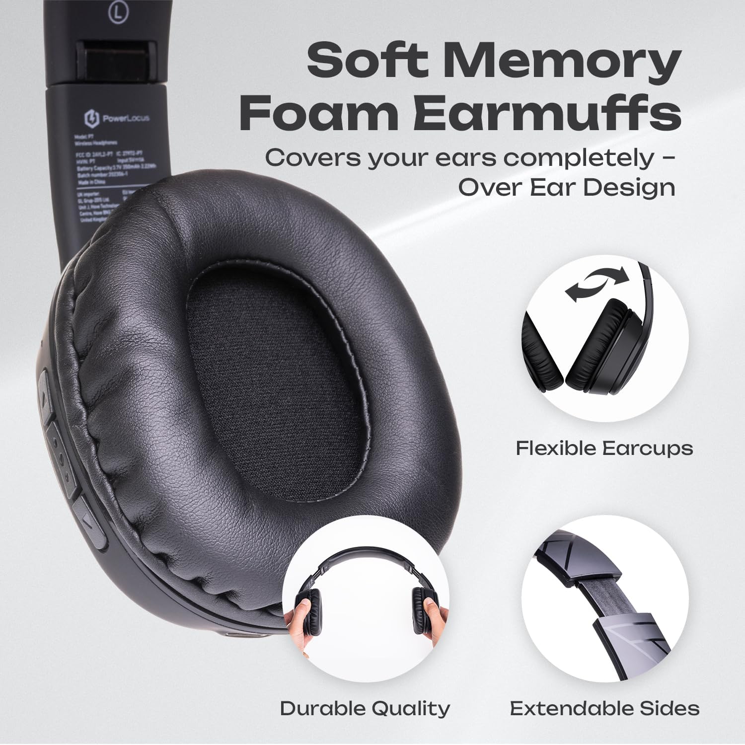 Detalle de PowerLocus Casque Bluetooth sans Fil – 60 Heures d’autonomie, micro, pliable et confort sur l’oreille