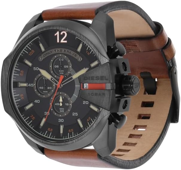 Detalle de Diesel Mega Chief Series – Montre homme chrono, boîtier 51 mm, cadran noir et bracelet cuir marron