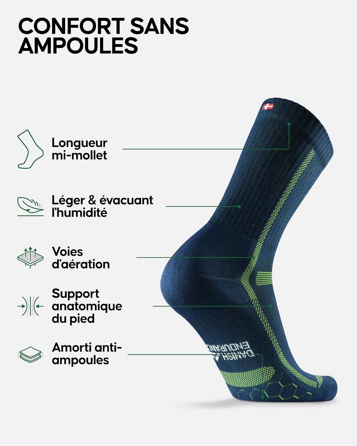 Detalle de DANISH ENDURANCE Chaussettes hautes de running longue distance (lot 3 ou 5) – confort sans frottement pour homme et femme