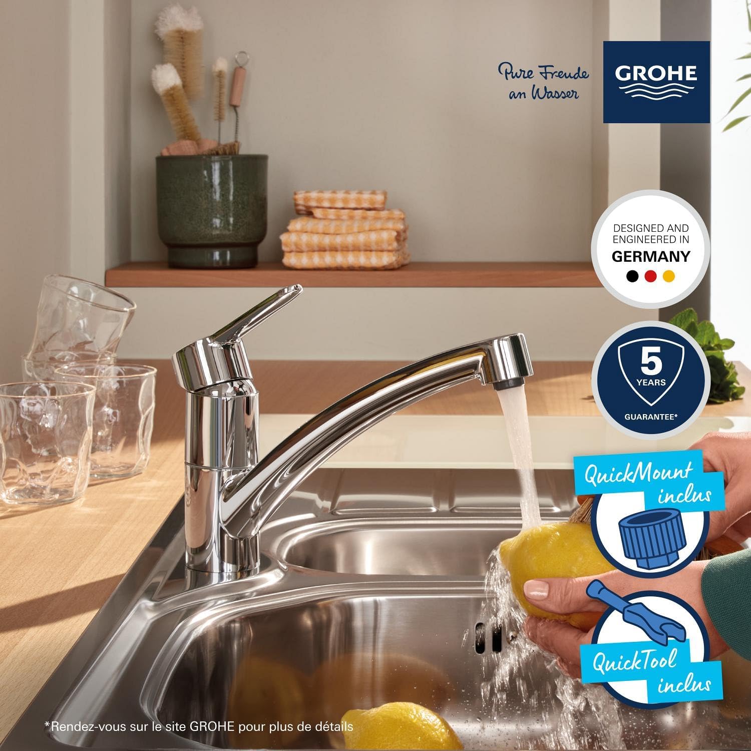 Detalle de GROHE StartEco Mitigeur Monocommande Évier Chromé – Rotation 140°, Mousseur avec Fente sans outil
