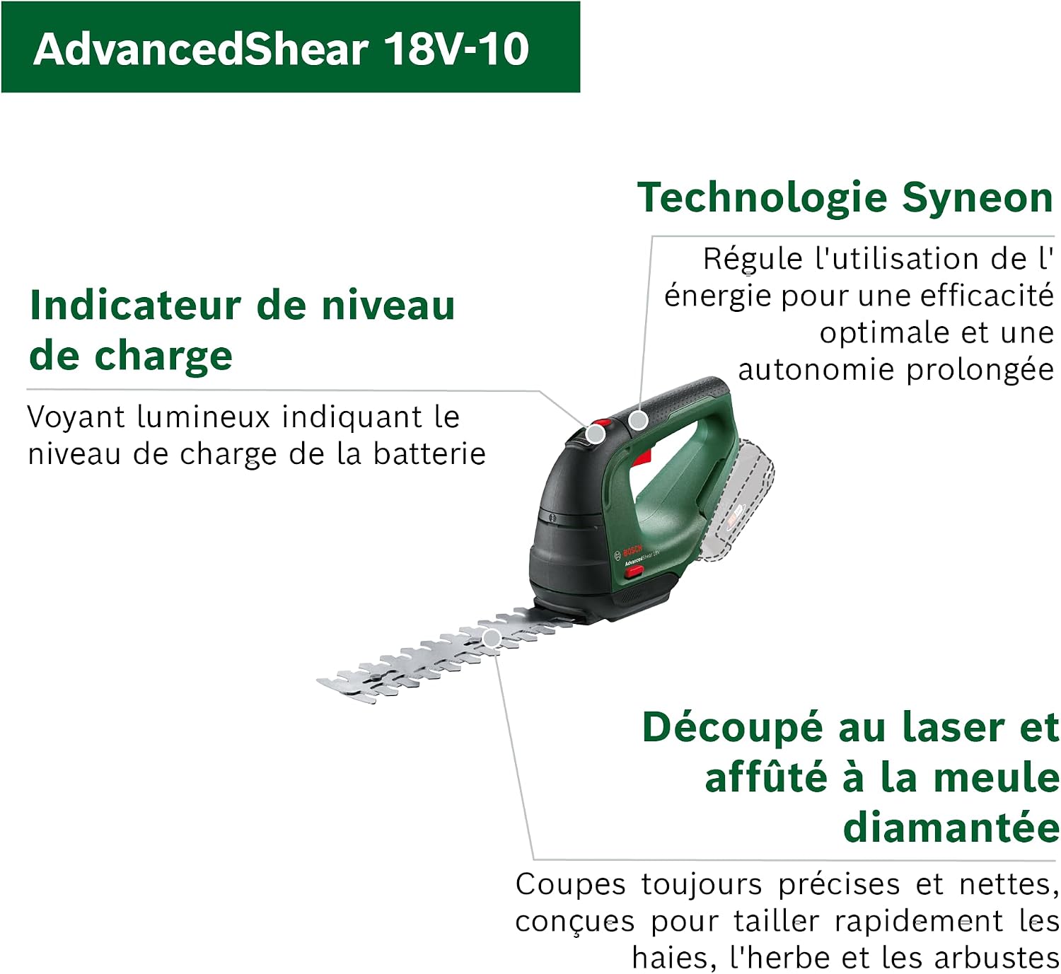 Detalle de Bosch AdvancedShear 18V-10 (sans fil) : cisaille à gazon et taille-haies pour jusqu’à 85 m² par charge