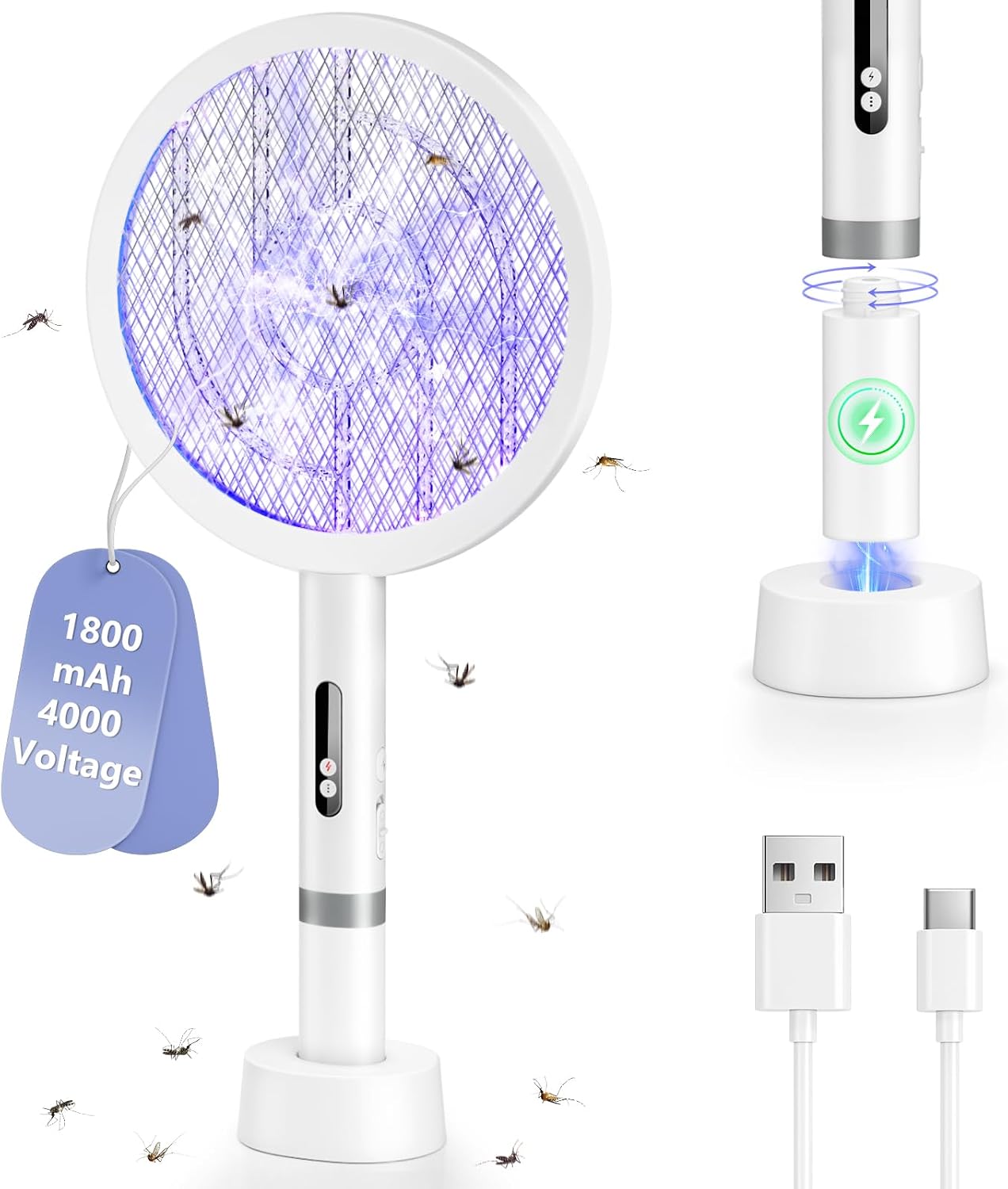 Detalle de BKXCHA 2 en 1 Raquette Électrique Insectes, 4000V – Moustique, 1800mAh, USB Rechargeable, 3 couches de protection