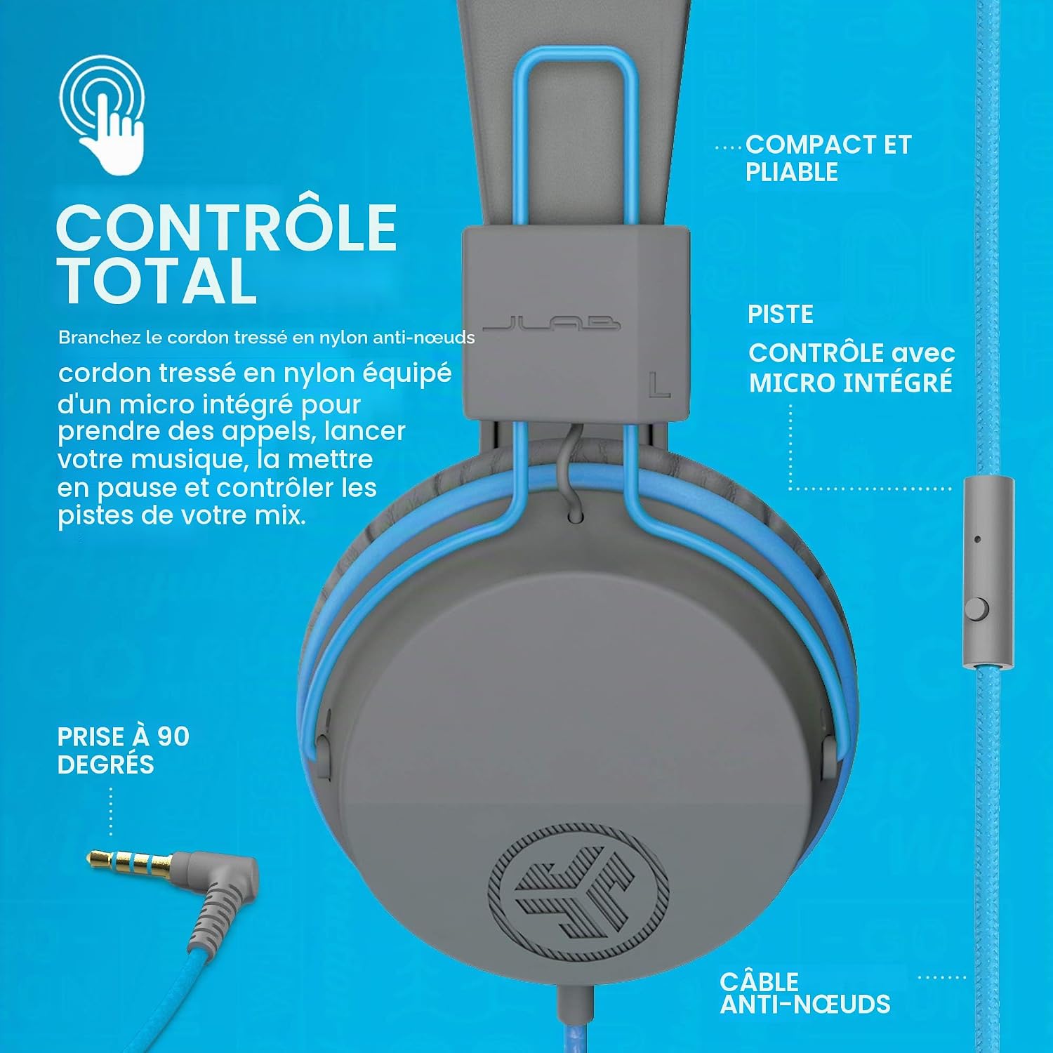 Detalle de JLab JBuddies Studio : casque audio enfant avec fil, limiteur de volume et micro (bleu)