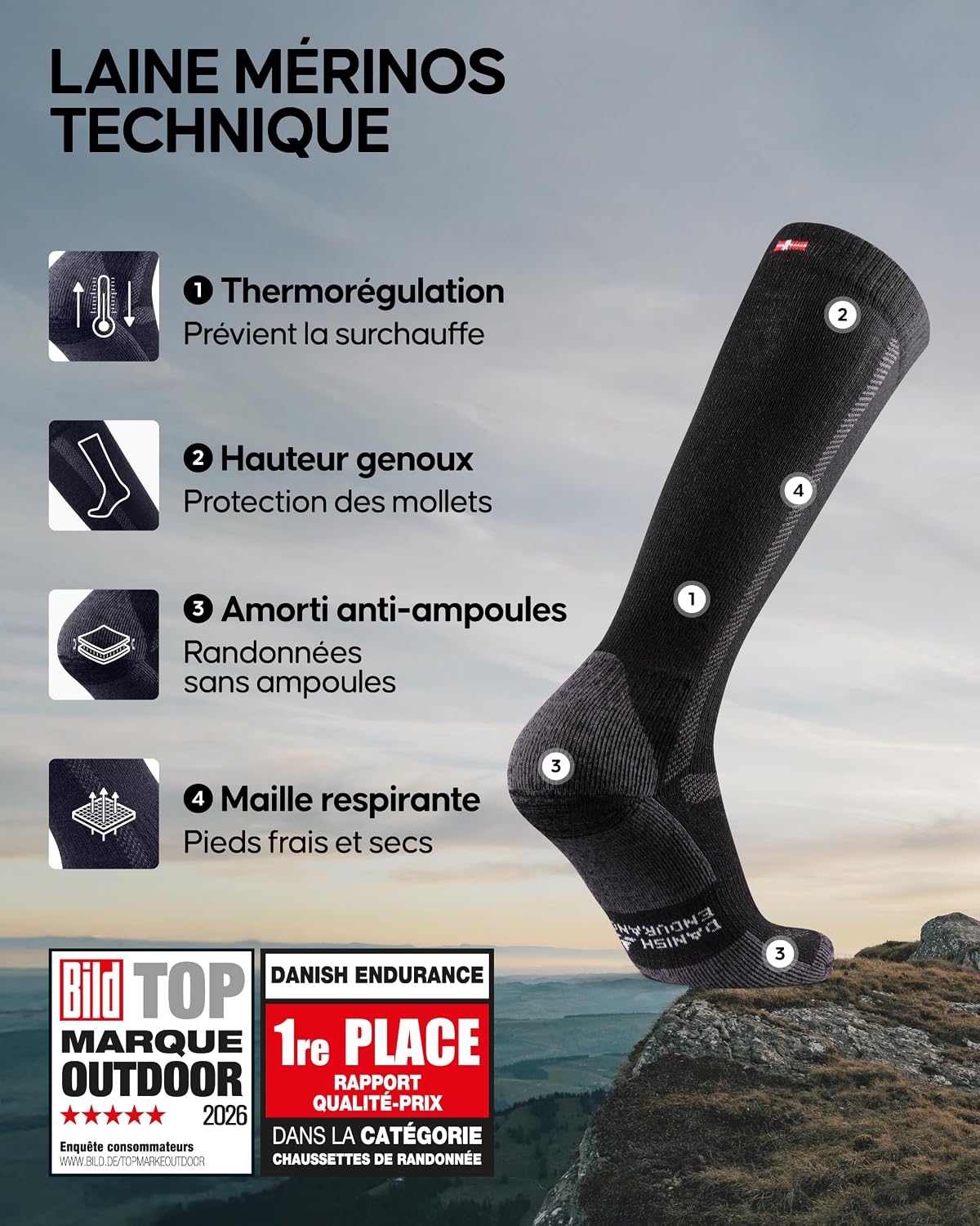 Detalle 2 de Chaussettes de randonnée en laine mérinos DANISH ENDURANCE (montantes jusqu’au genou) – Lot 1 ou 3