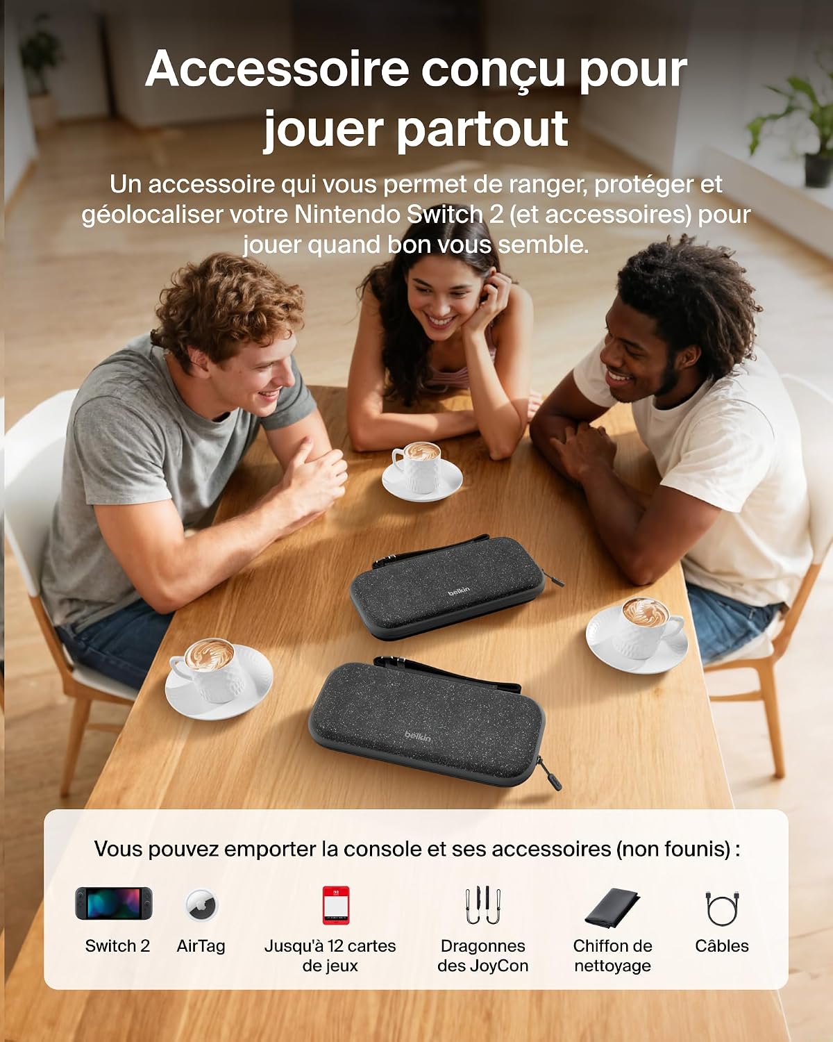 Detalle de Belkin Gaming Pochette pour Nintendo Switch 2 – Étui rigide léger avec compartiment AirTag et 12 emplacements pour cartes