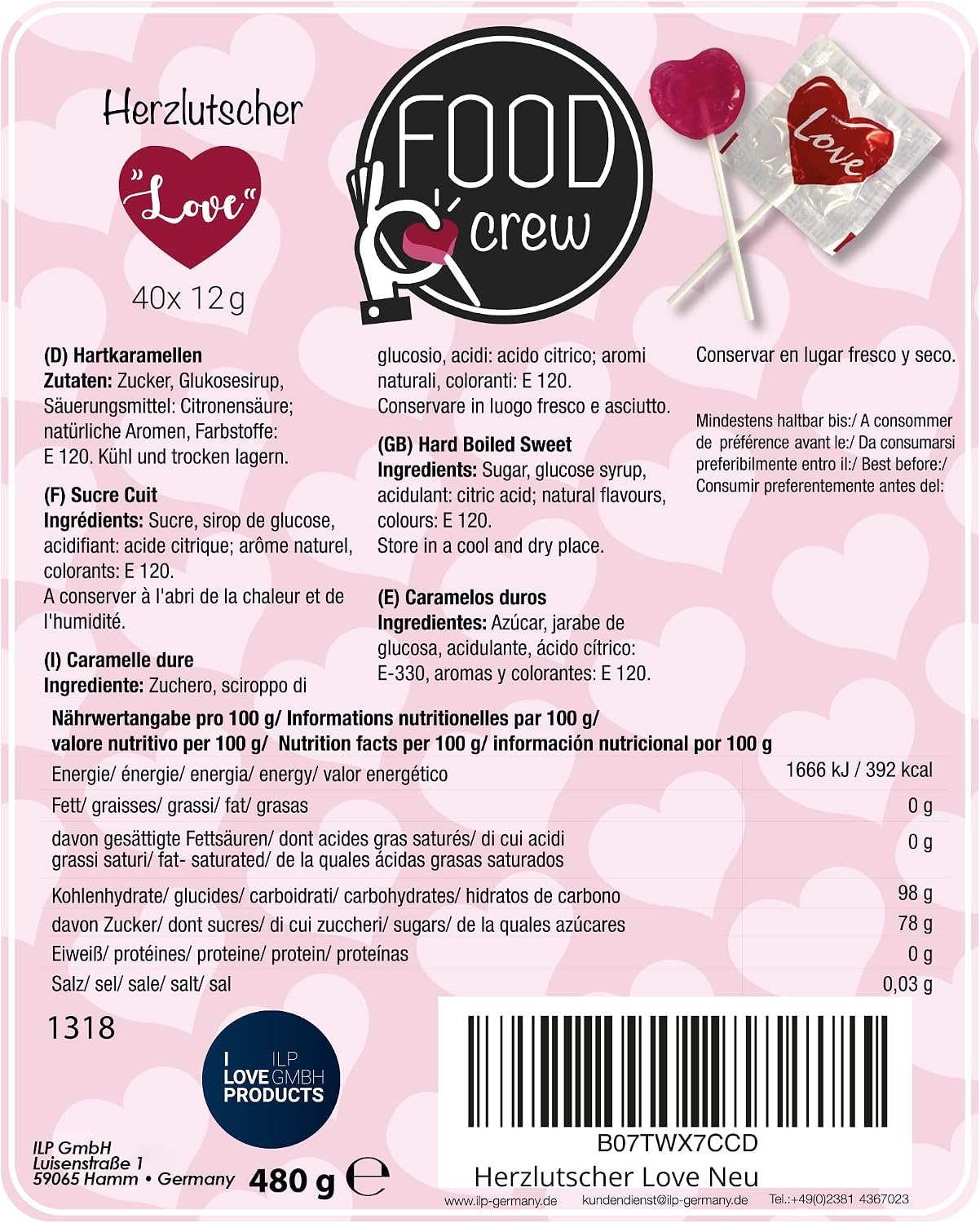 Detalle de FOOD crew Sucette Coeur Love – 40 sucettes cœur, emballage individuel