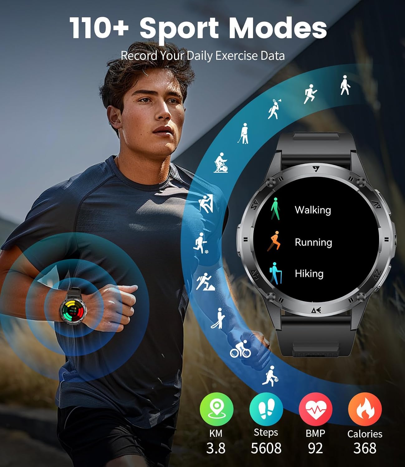 Detalle 2 de CHOOSETIME Montre Connectée Homme - Écran AMOLED 1,43", Appels Bluetooth, 110+ Modes Sportifs, Lampe Torche et Suivi Santé IP68