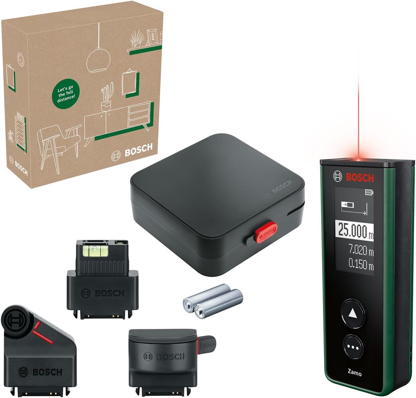 Detalle de Bosch Télémètre laser Zamo 4e génération avec 3 adaptateurs (jusqu’à 25 m) et piles rechargeables USB-C