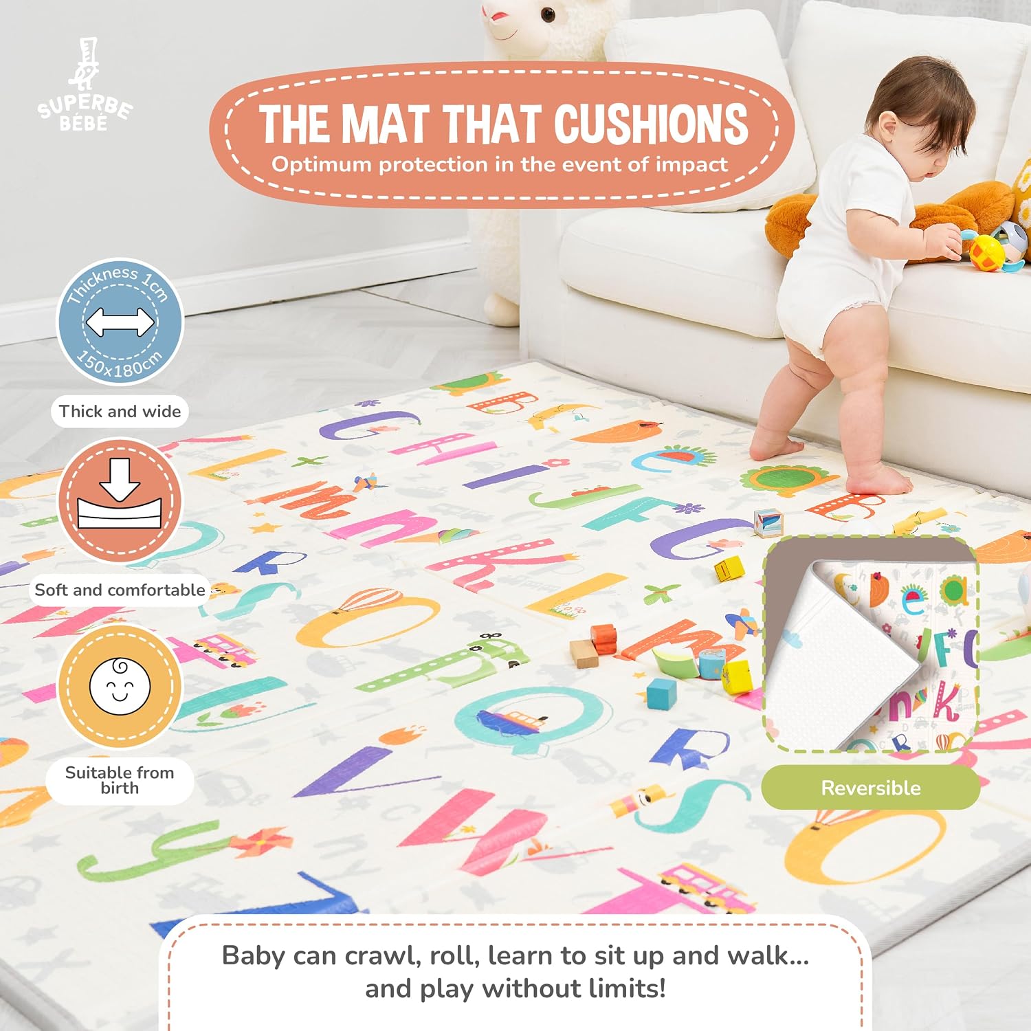 Detalle 2 de Tapis d'éveil bébé SUPERBE BEBE pliable épais réversible 150x180 cm — jeu d'éveil XXL en mousse
