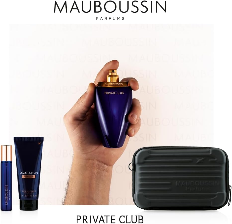 Detalle de Coffret Prestige Private Club Mauboussin : Eau de Parfum 100 ml, gel douche 75 ml, travel spray 20 ml & sac bandoulière