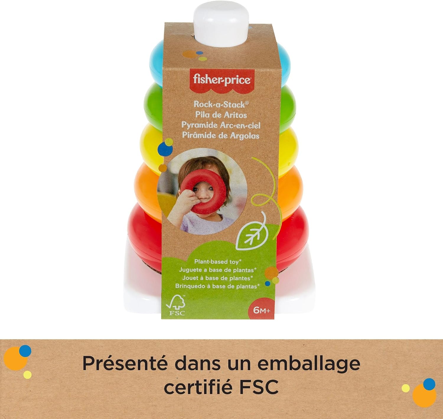 Detalle de Fisher-Price HPY92 Jouet culbuto à empiler pyramide arc-en-ciel avec 5 anneaux colorés