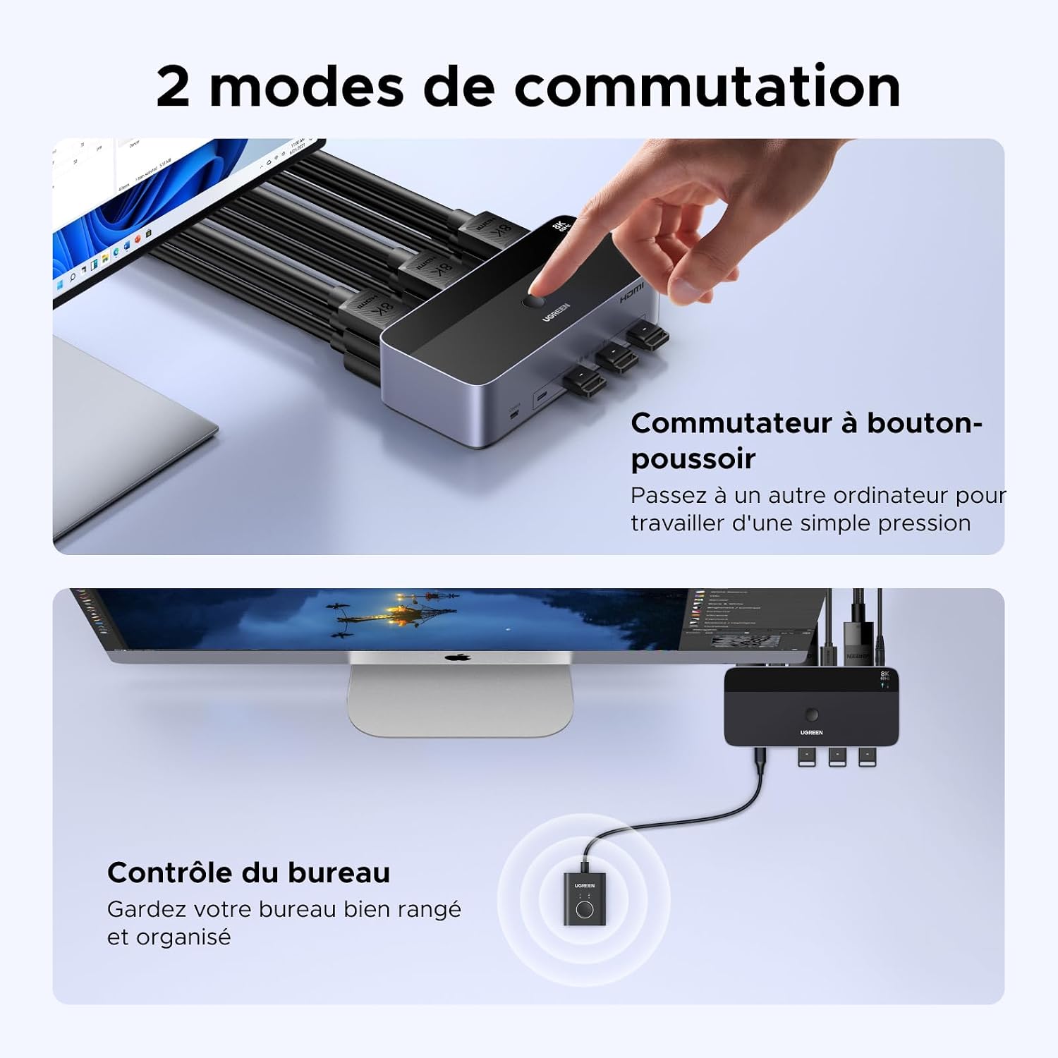 Detalle 1 de UGREEN Switch KVM HDMI+DP à 2 entrées et 3 sorties (8K 60 Hz) double affichage