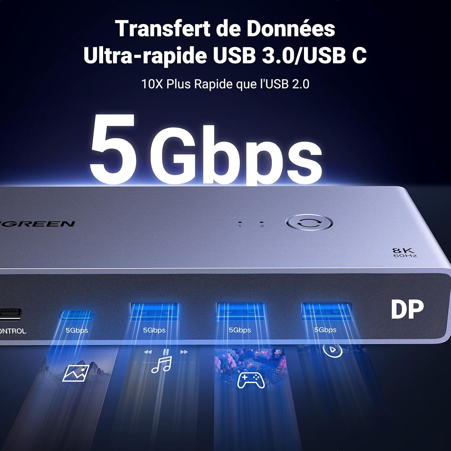Detalle de UGREEN Switch KVM DisplayPort 8K 60 Hz à 2 entrées (DP 1.4) avec 3 USB-A et 1 USB-C