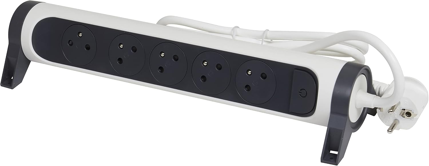 Detalle de Legrand multiprise rotative avec interrupteur et voyant LED – 5 prises surface avec terre, câble 1,5 m, blanc et gris foncé