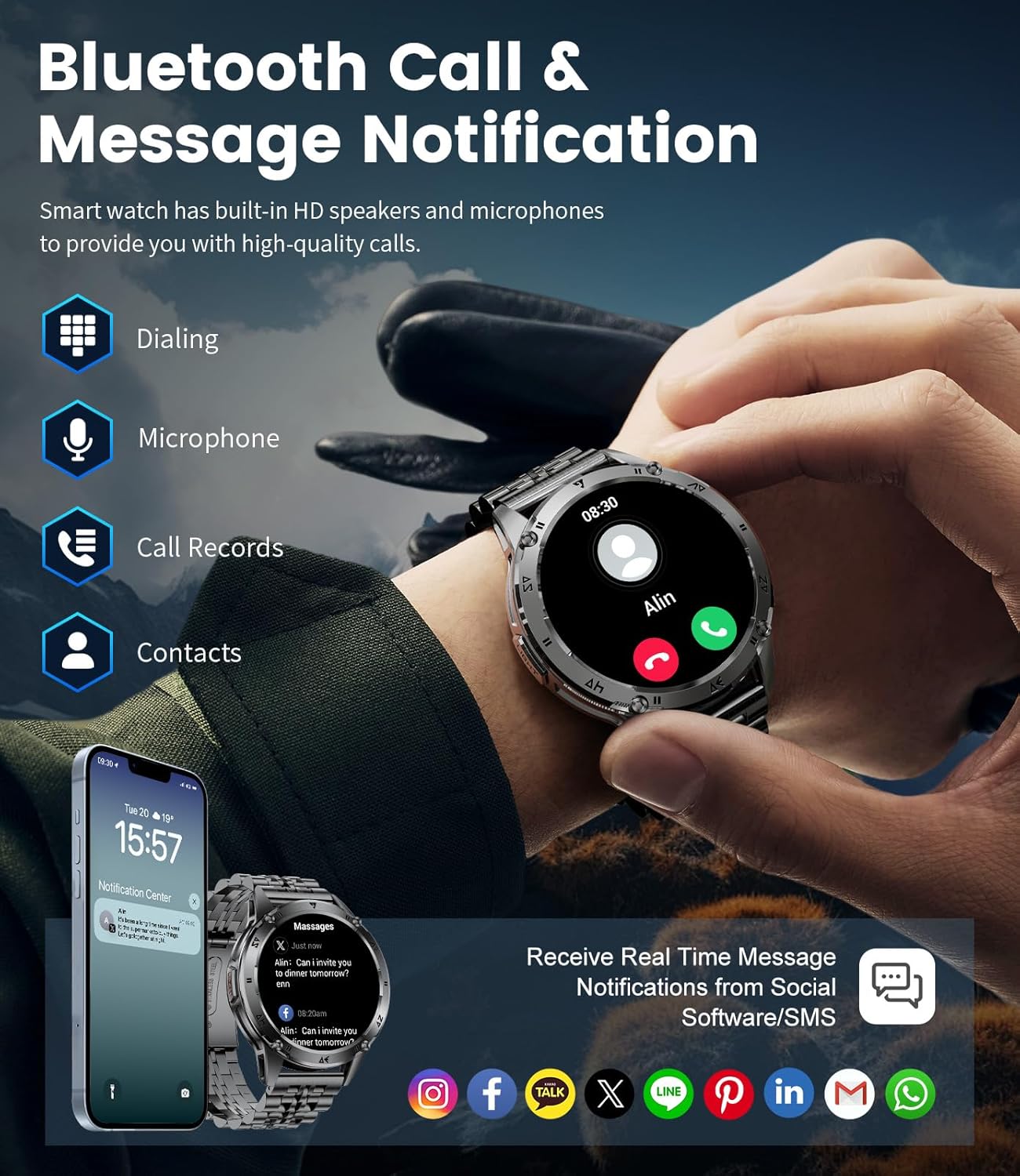 Detalle de CHOOSETIME Montre Connectée Homme - Écran AMOLED 1,43", Appels Bluetooth, 110+ Modes Sportifs, Lampe Torche et Suivi Santé IP68