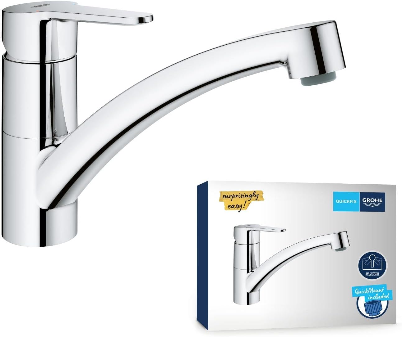 Detalle de GROHE StartEco Mitigeur Monocommande Évier Chromé – Rotation 140°, Mousseur avec Fente sans outil