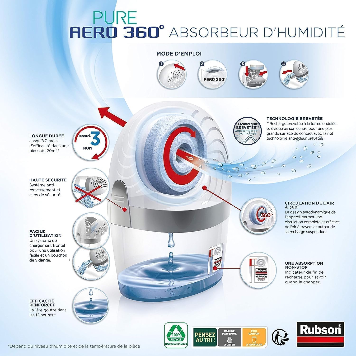Detalle de Rubson AERO 360° Pure Tab – Recharge absorbeur d’humidité anti-odeur (6 x 450 g)