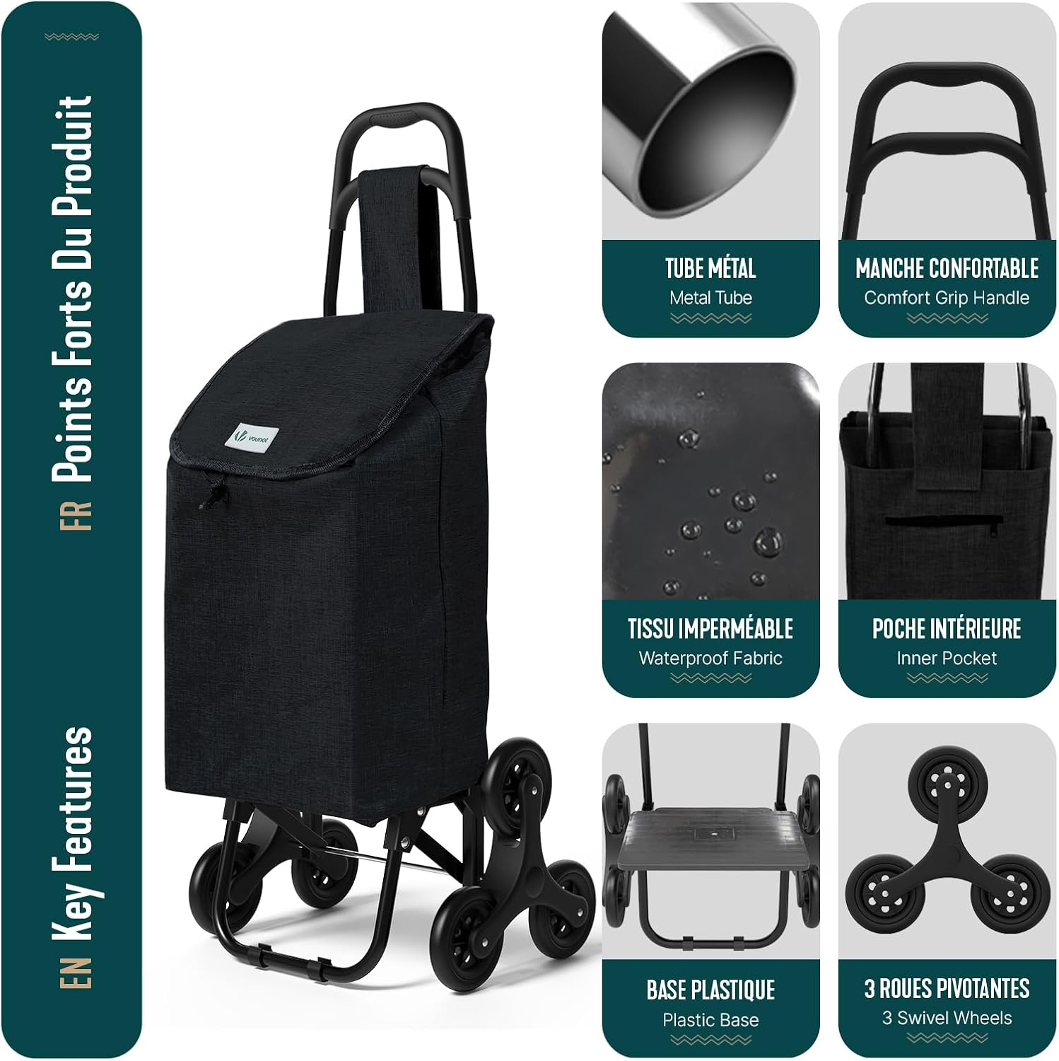 Detalle de VOUNOT Chariot de Courses 6 Roues avec Compartiment Imperméable — 2 en 1, 32 L, pliable